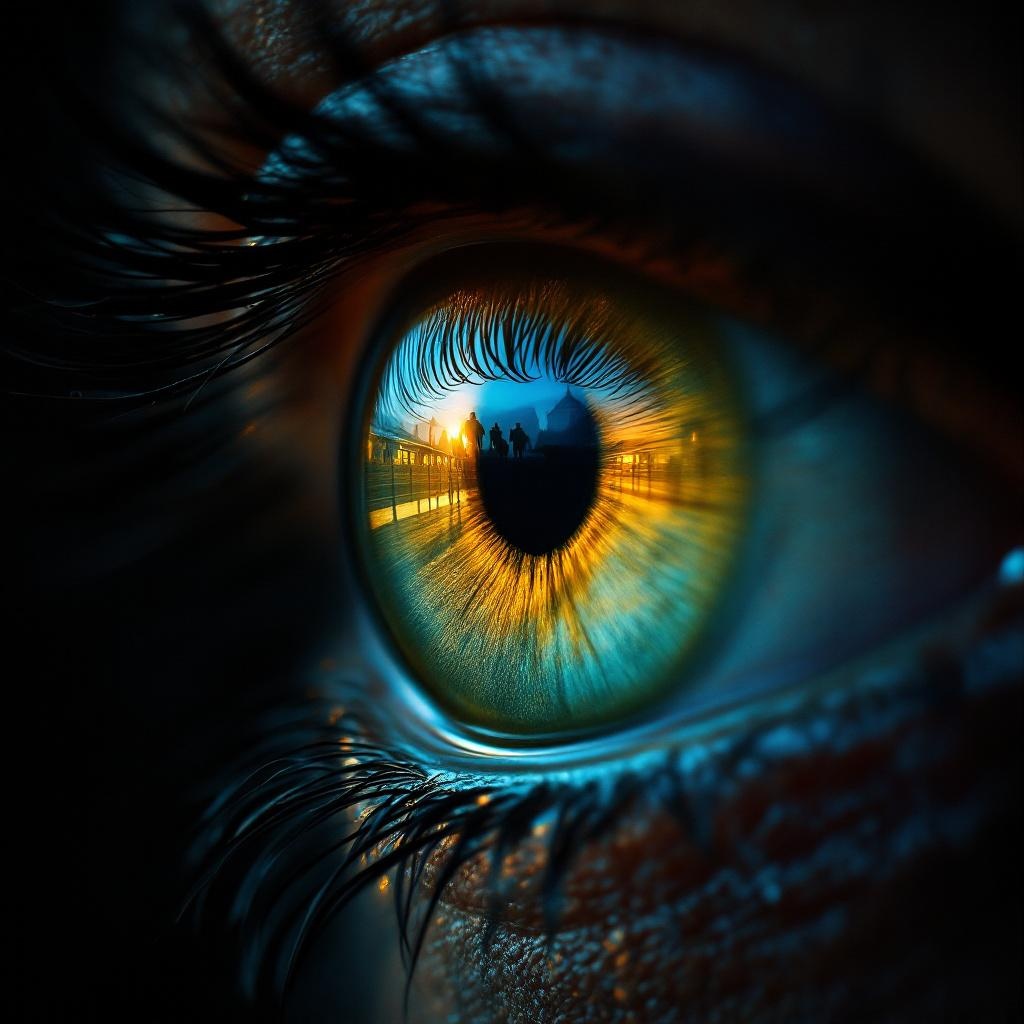 Ojo con el paddock al amanecer reflejado