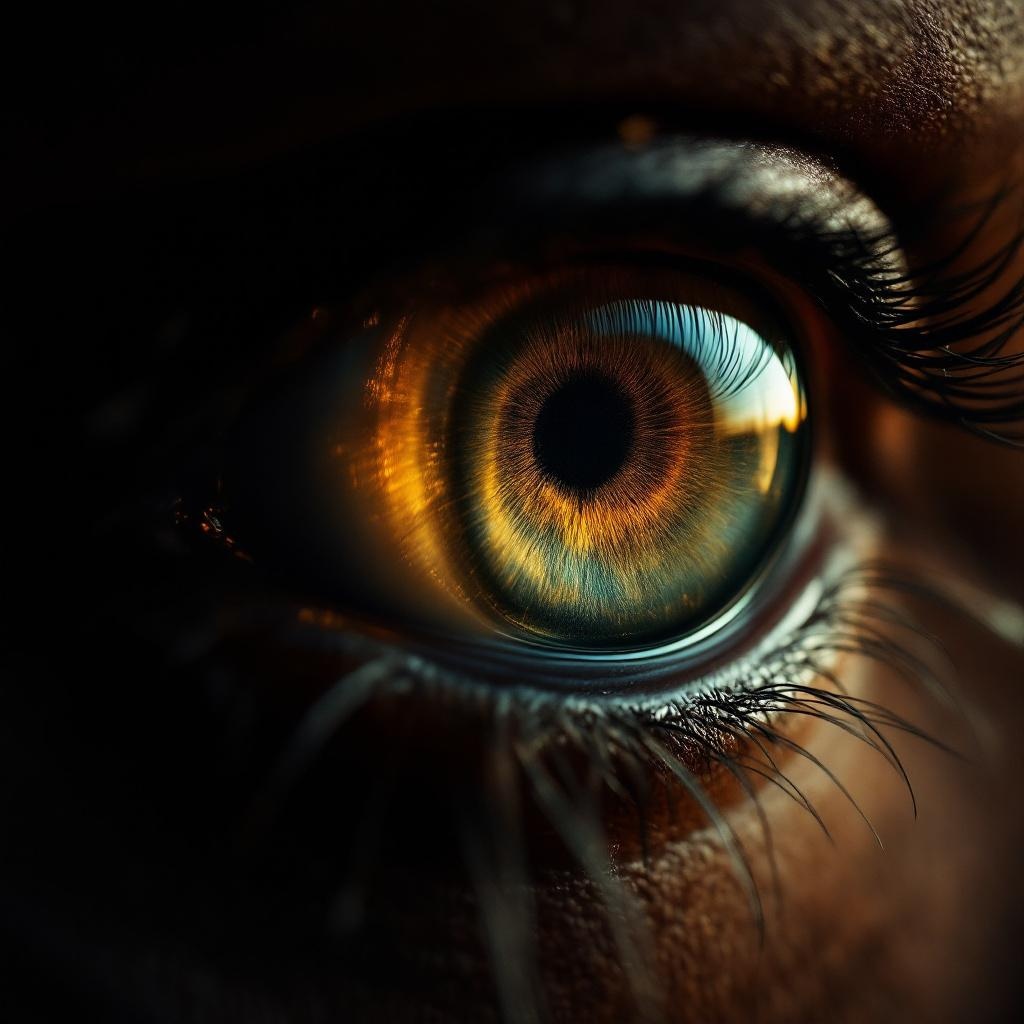 Ojo con un caballo galopando frontalmente reflejado